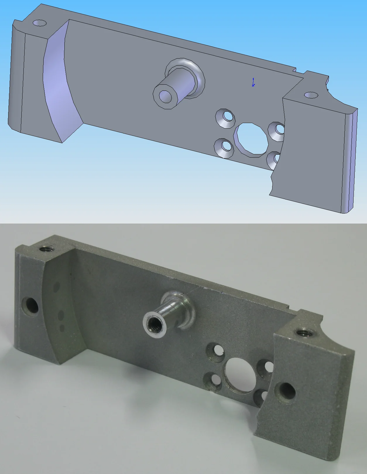 A CAD model and its corresponding machined aluminium part, shown as a manufacturing reference