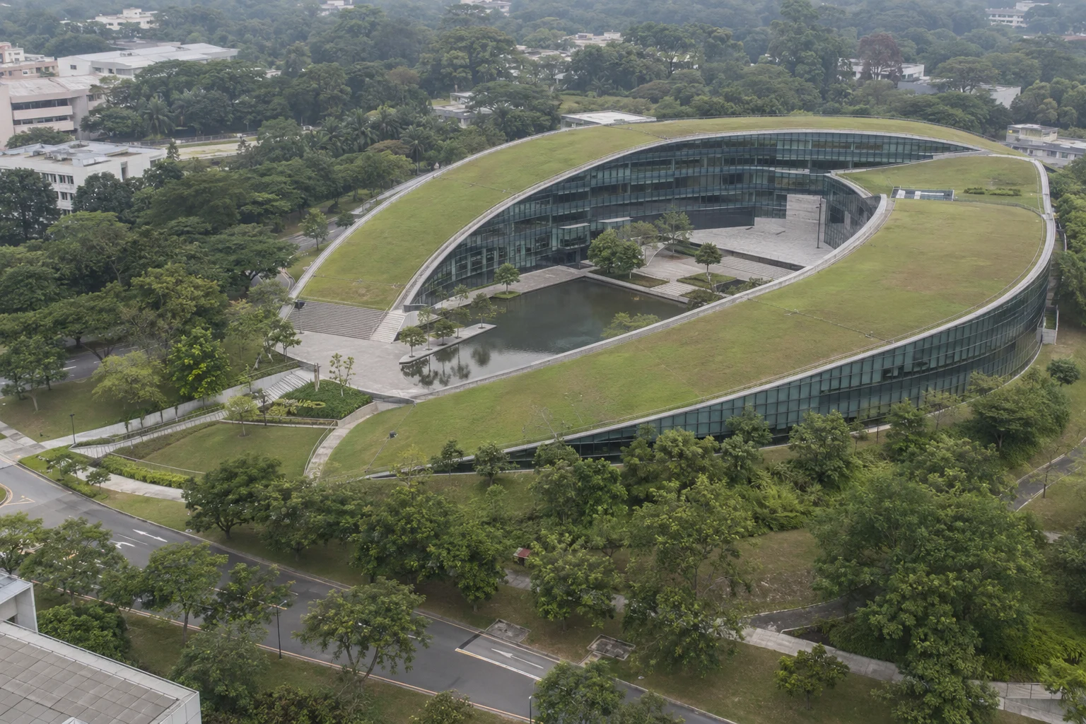 AI-generated aerial illustration of the School of Art, Design and Media at Nanyang Technological University
