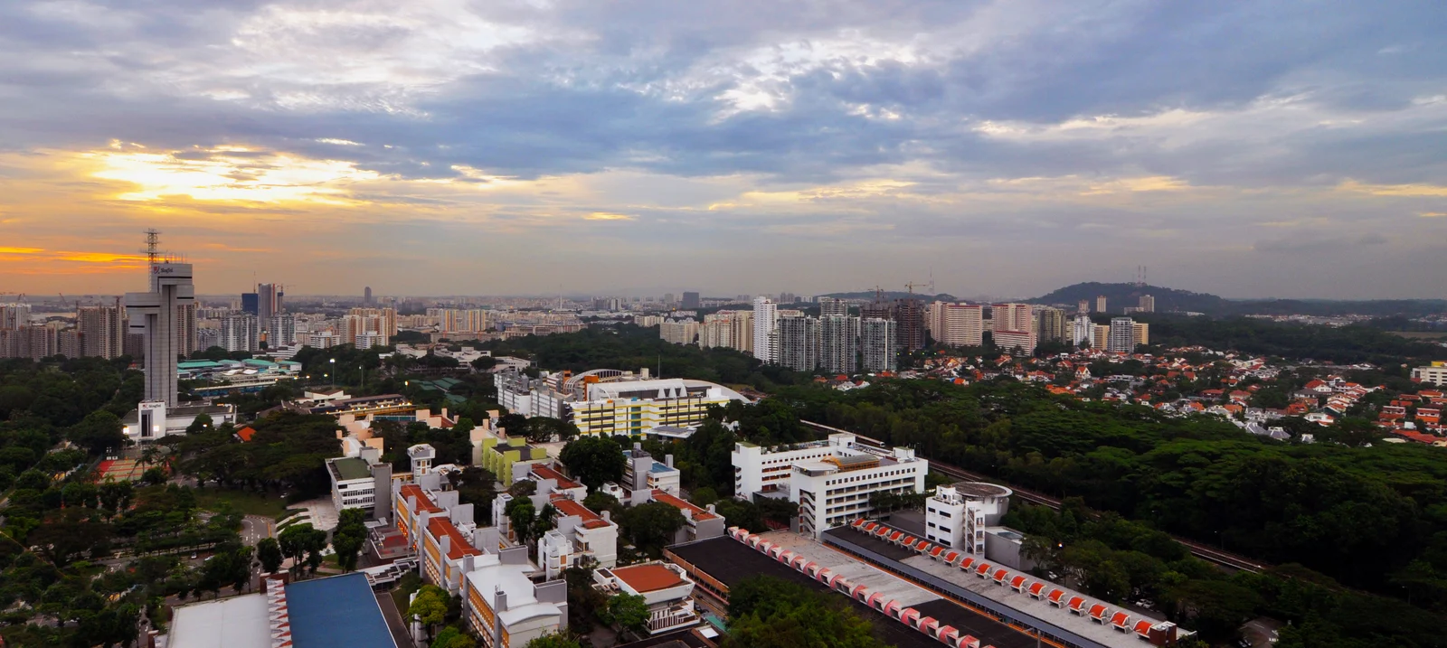Aerial panorama of Singapore Polytechnic campus at sunset, photographed in 2010